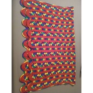 Crochet Blanket Striped Rainbow Colorful  Farmhouse Cottage Granny Core 50 x 37